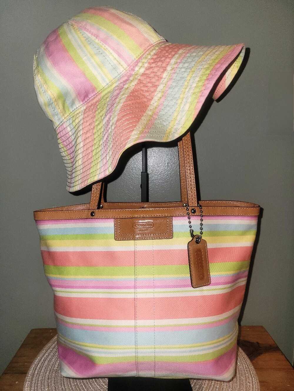 Coach Multicolor Pastel Stripe Tote with Tan Leather Trim